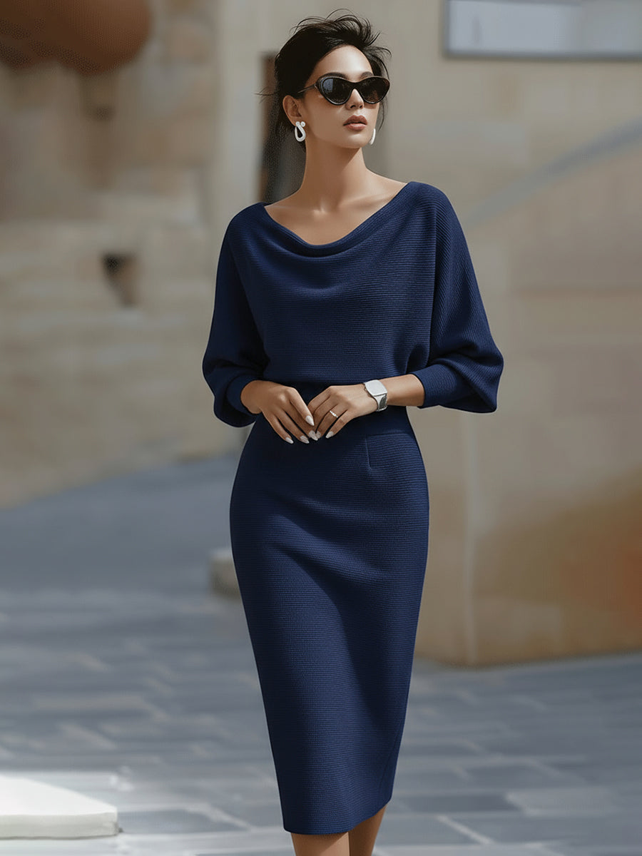 Boat Neck Batwing Sleeve Midi Bodycon Dress