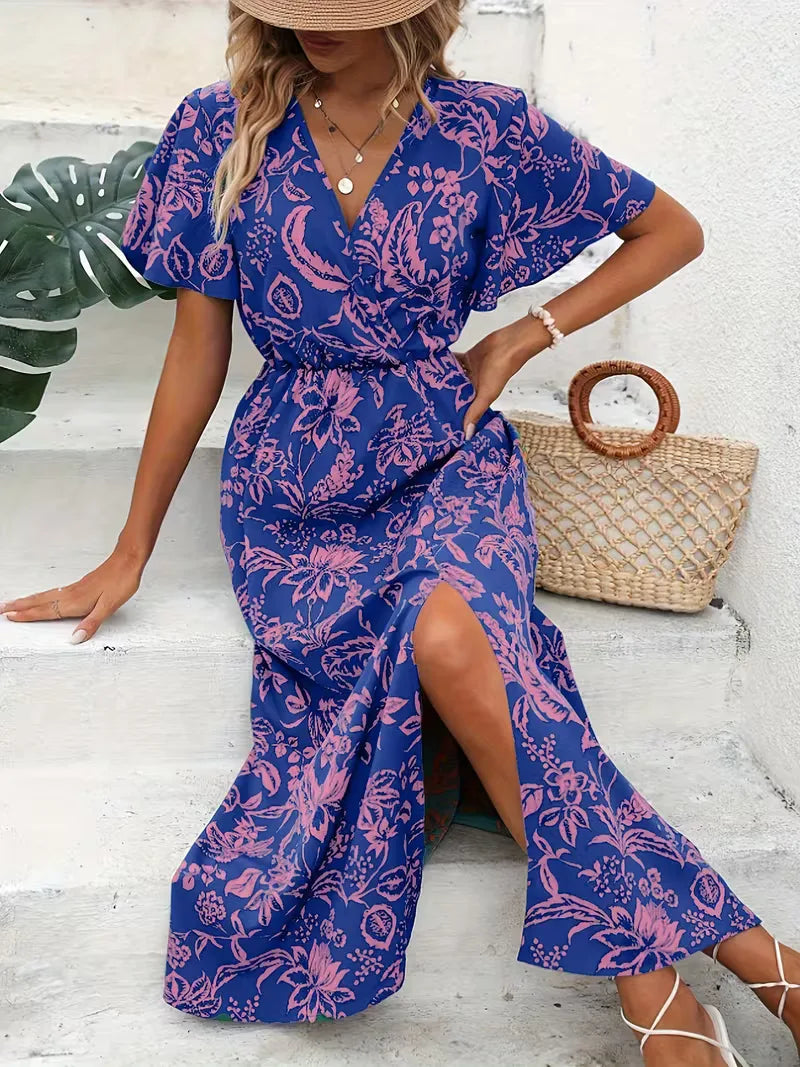 Floral Wrap Dress Midi V Neck Short Sleeve