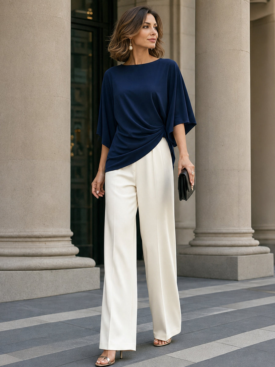 Genevieve cape-sleeve draped waist two-piece pants set by Bennett and Lowe, featuring a stylish matching top and pants.