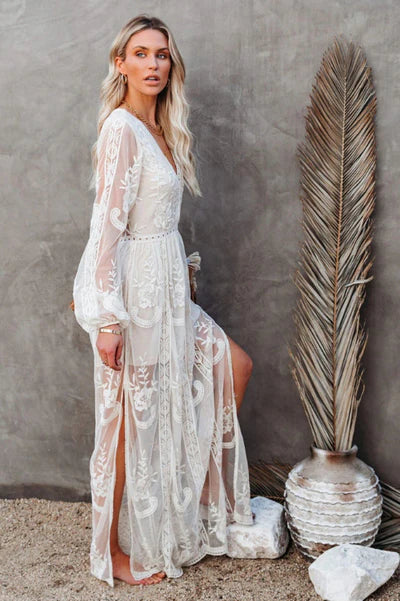 Women's Boho Lace Maxi Dress V Neck High Slit Summer