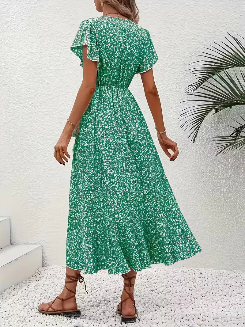 Floral Wrap Dress V Neck Short Sleeve Asymmetric