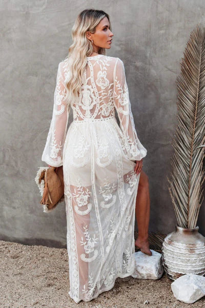 Women's Boho Lace Maxi Dress V Neck High Slit Summer