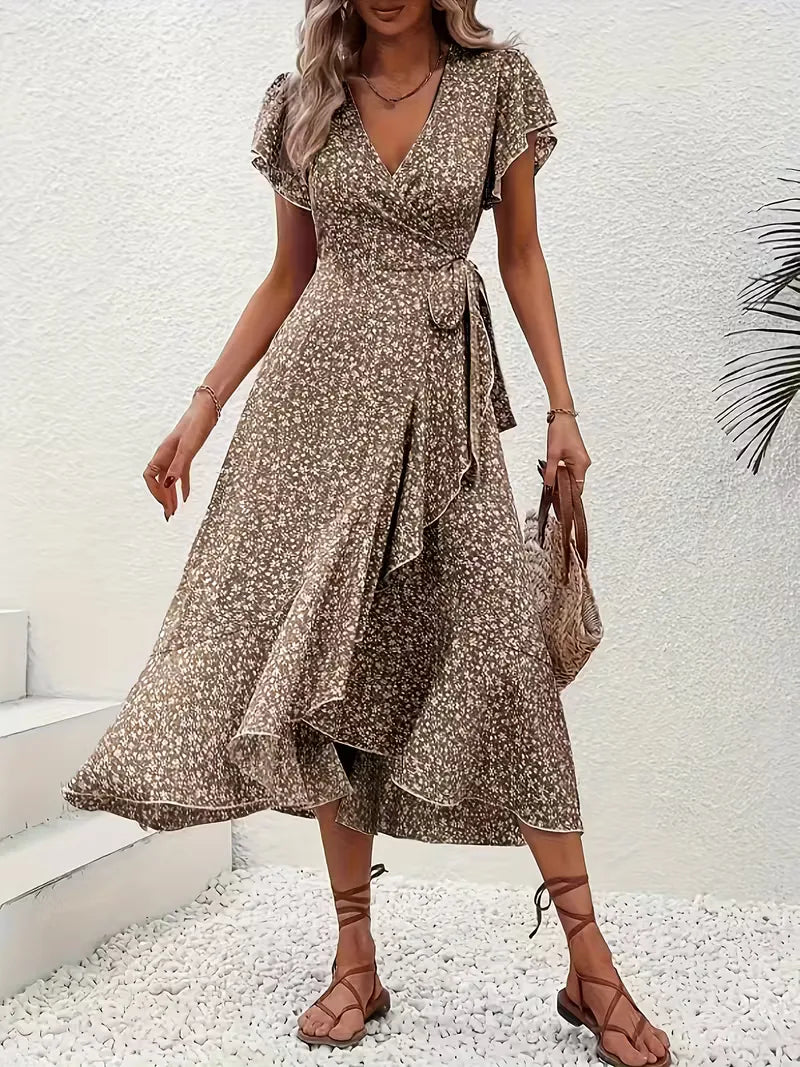 Floral Wrap Dress V Neck Short Sleeve Asymmetric