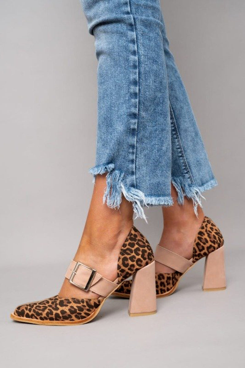 Leopard Print Suede Block Heel Sandals Khaki