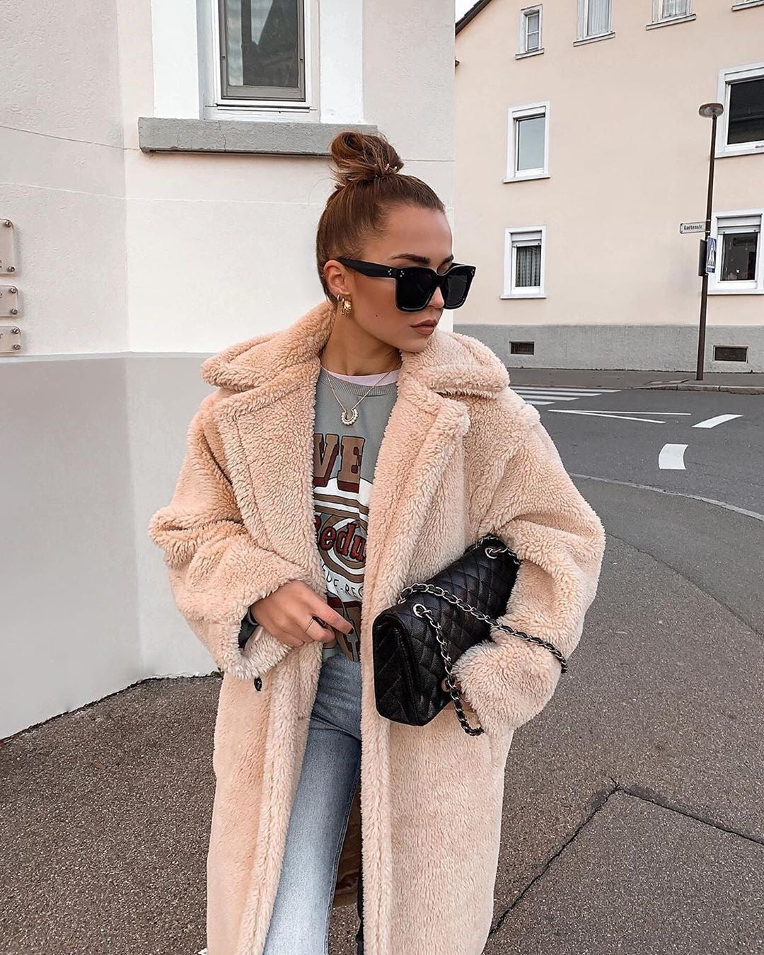 Long Teddy Coat Soft Plush Warm Look Comfortable Winter