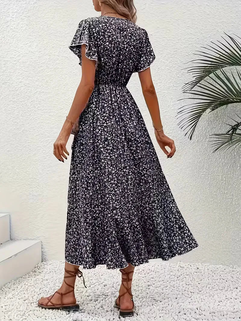 Floral Wrap Dress V Neck Short Sleeve Asymmetric