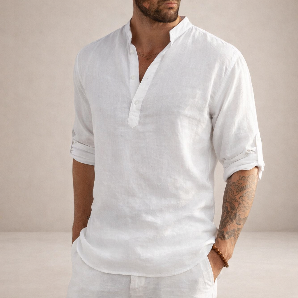 Men's Linen Shirt Regular Fit Breathable Stand-Up Collar Long Sleeves