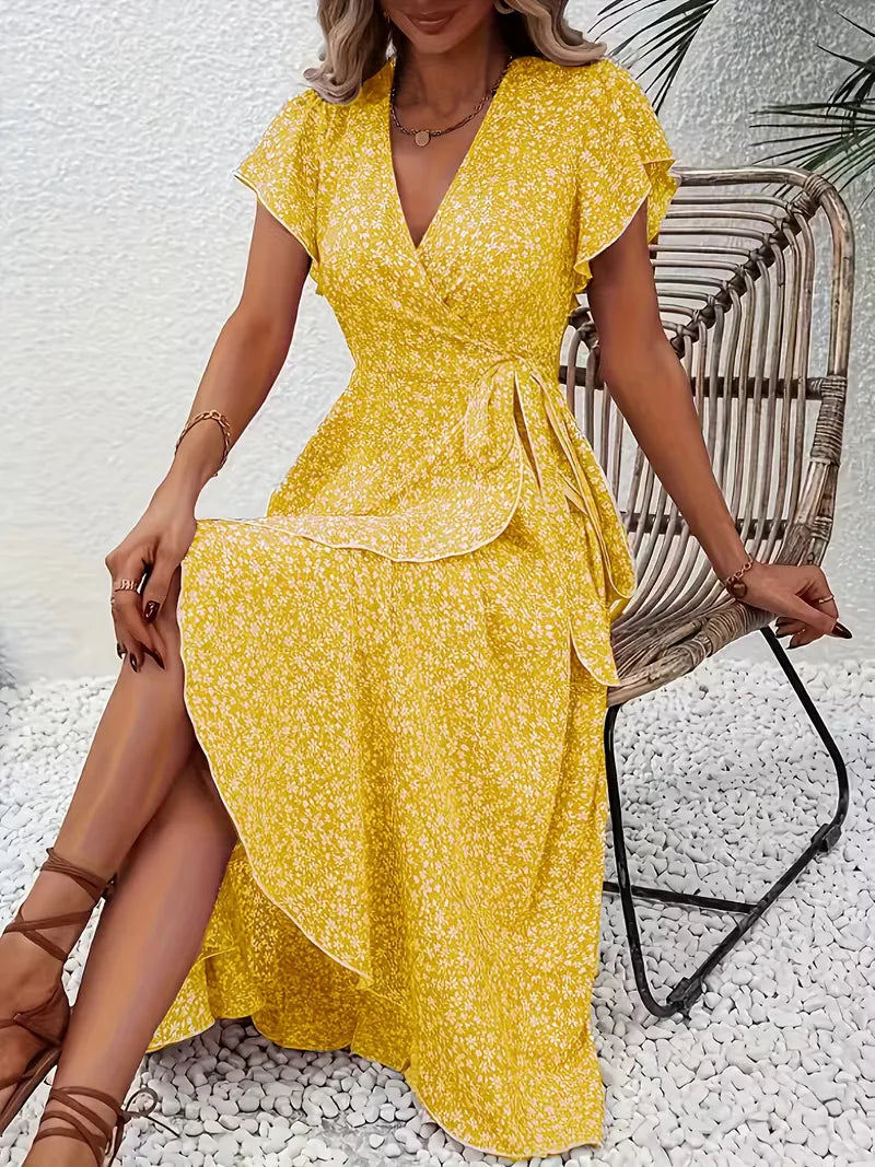Floral Wrap Dress V Neck Short Sleeve Asymmetric