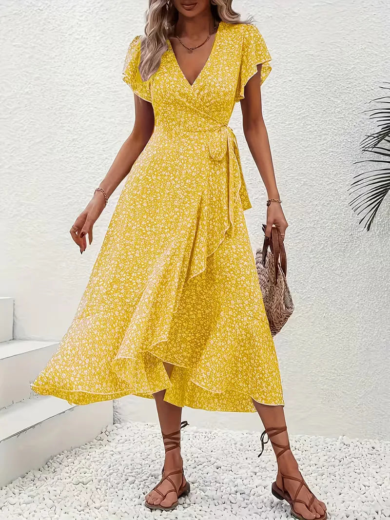 Floral Wrap Dress V Neck Short Sleeve Asymmetric