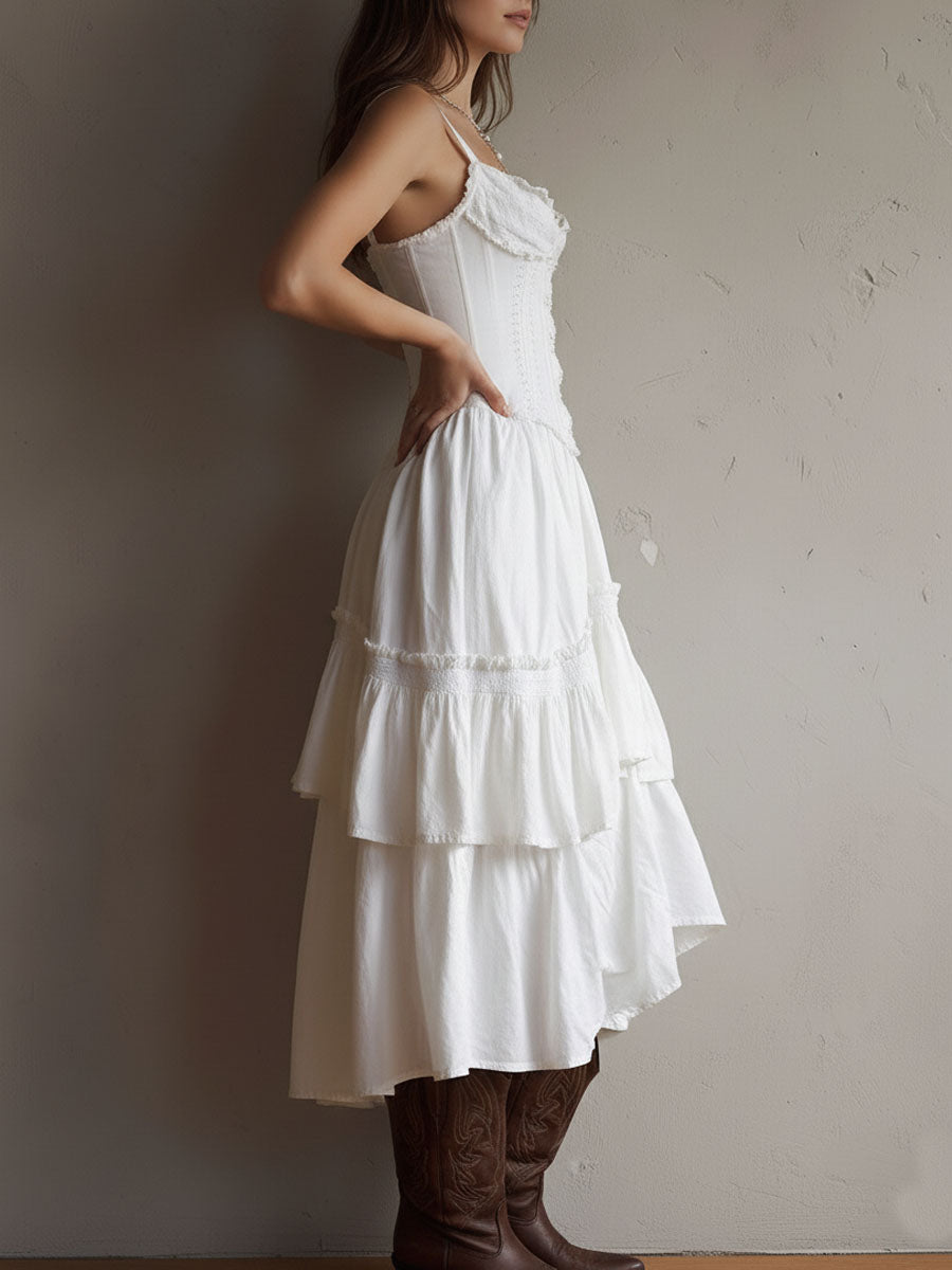 Olivia Newyork Marisol Corset Tiered Lace-Trim Midi Dress for Women, featuring a flowy silhouette and intricate lace details.