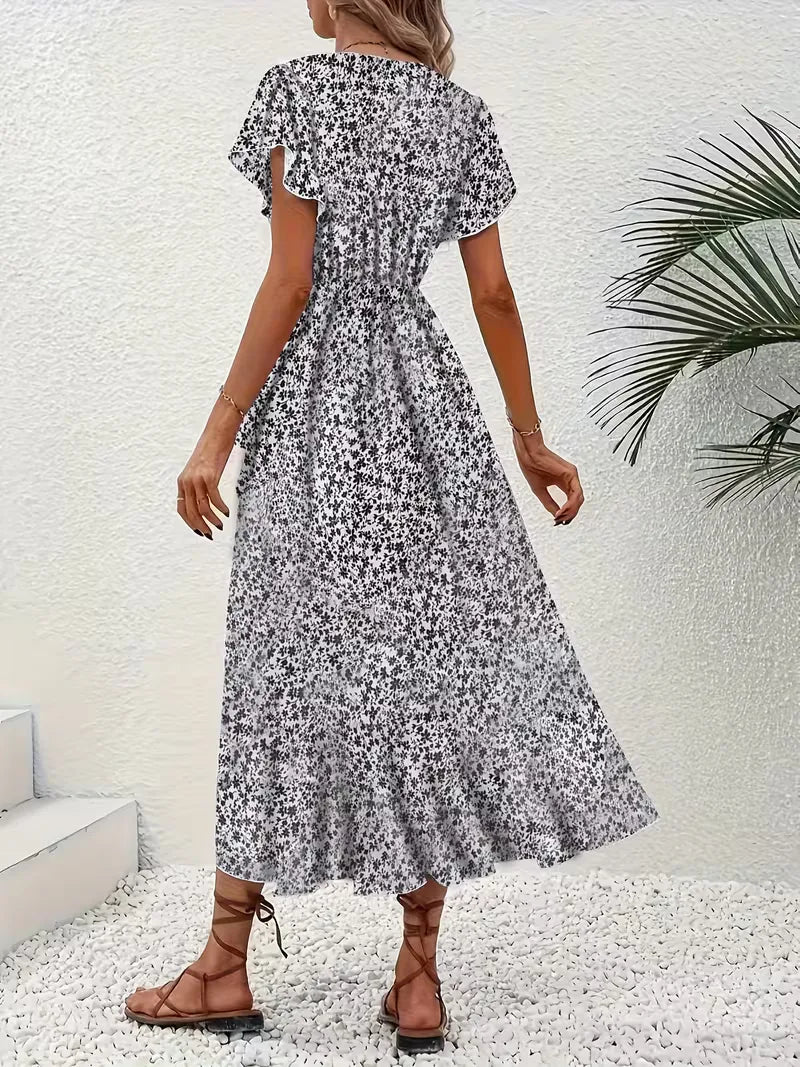 Floral Wrap Dress V Neck Short Sleeve Asymmetric