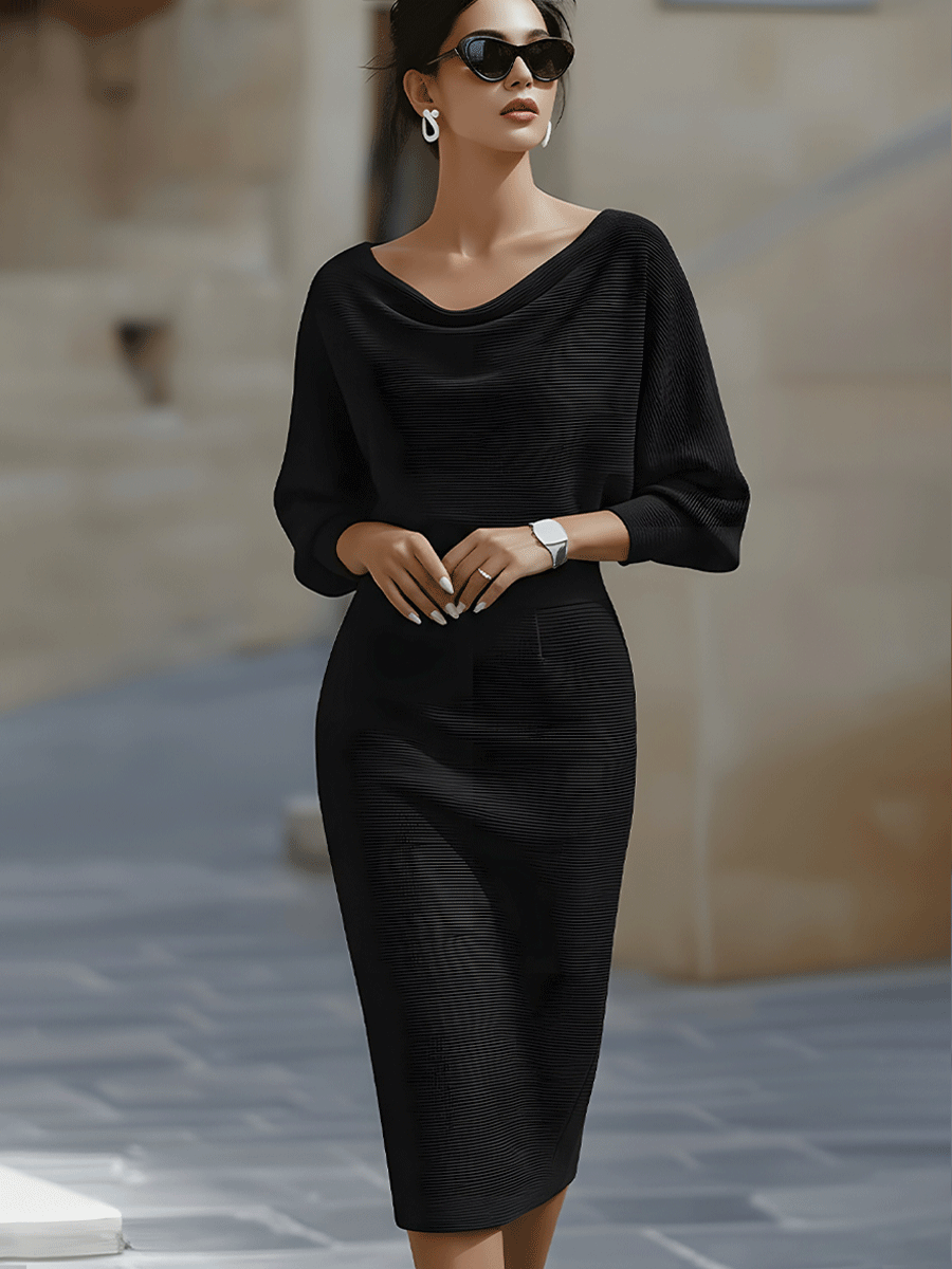 Boat Neck Batwing Sleeve Midi Bodycon Dress