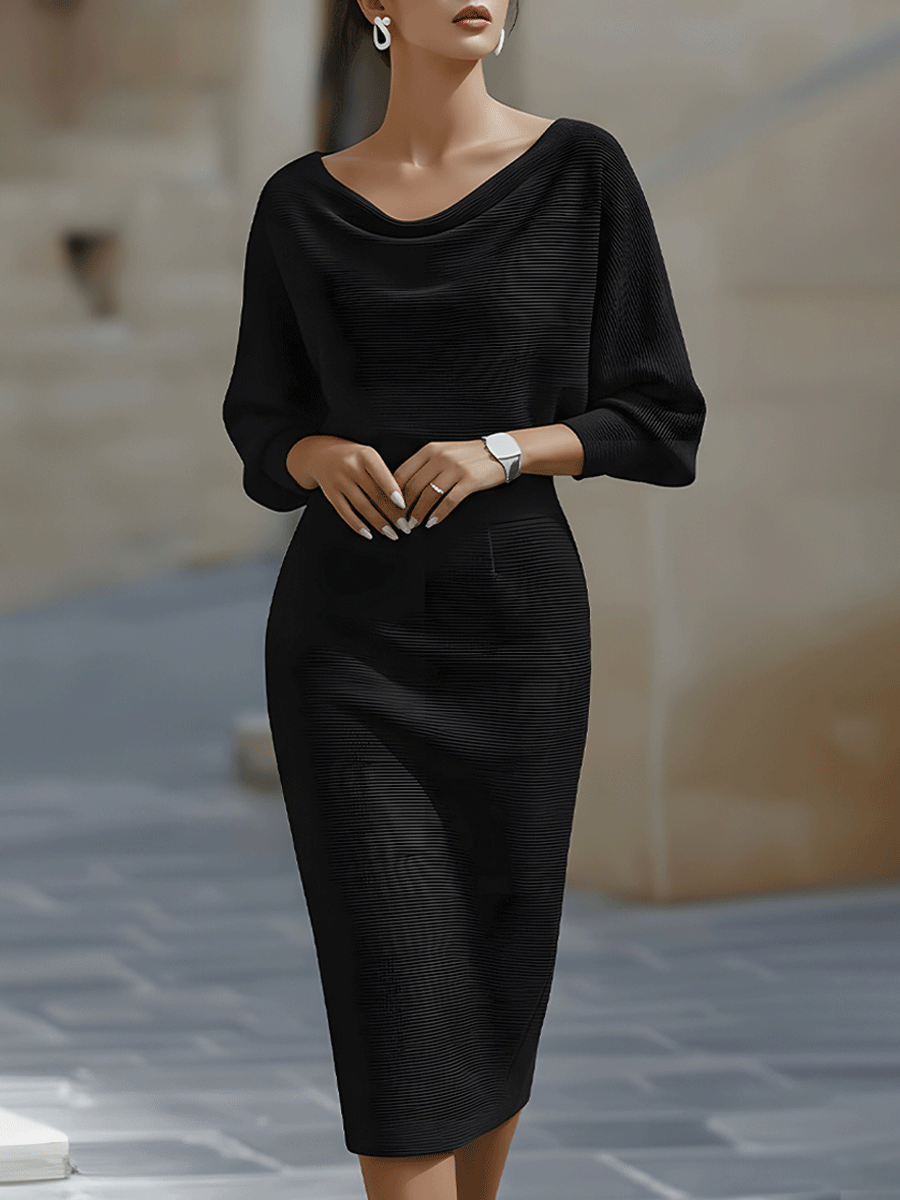 Bennett and Lowe Lydia draped batwing-sleeve midi dress for women, featuring long sleeves and a flowing silhouette.