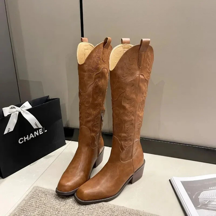 Knee High Western Cowboy Boots Block Heel Pointed Toe
