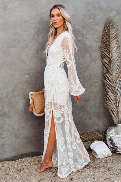 Women's Boho Lace Maxi Dress V Neck High Slit Summer