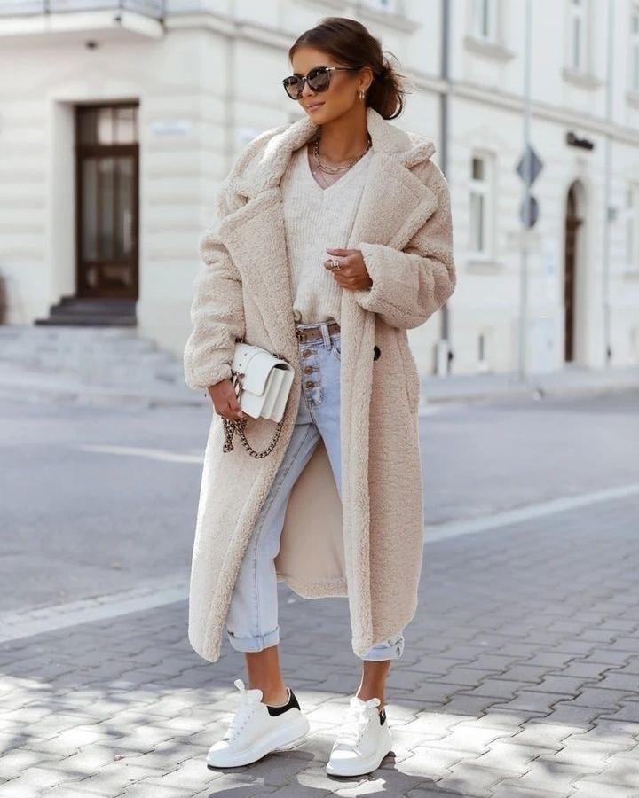 Long Teddy Coat Soft Plush Warm Look Comfortable Winter