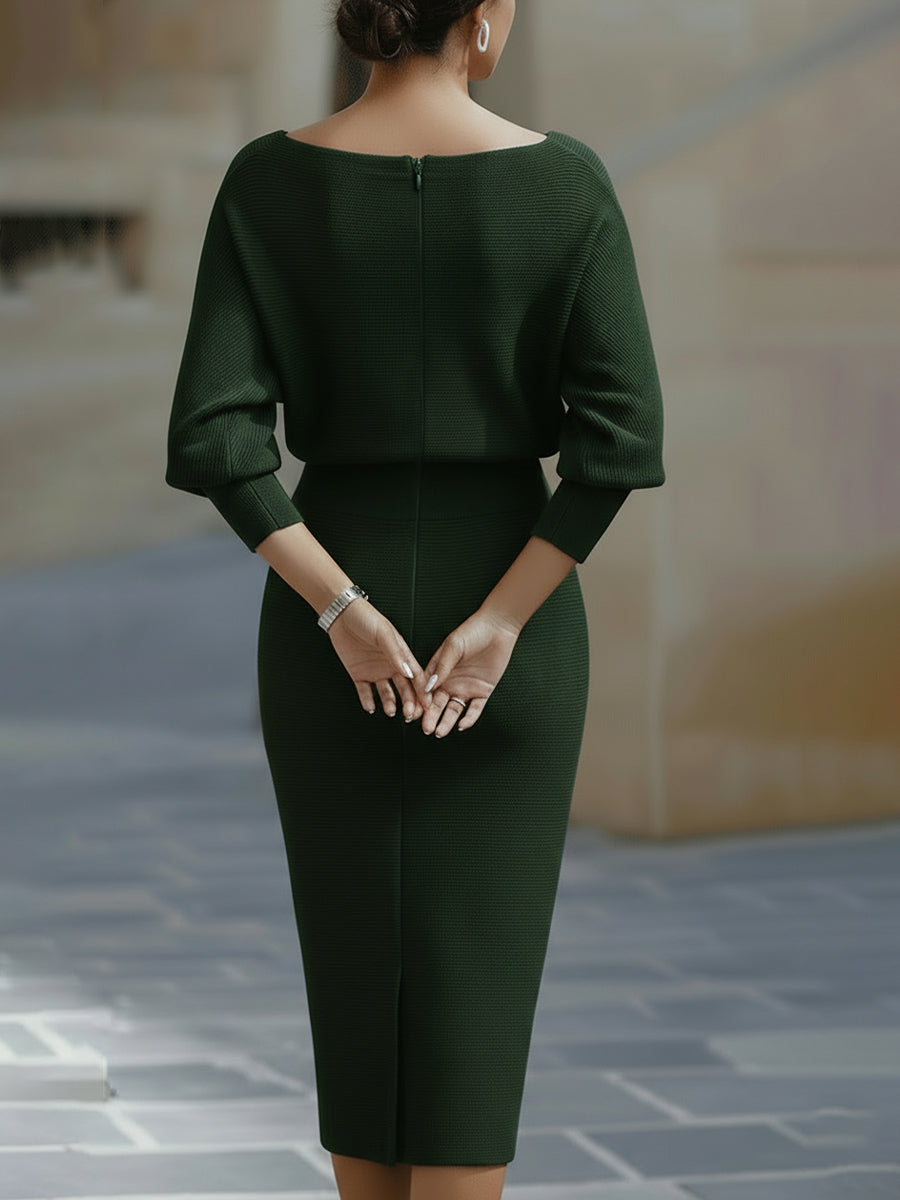 Boat Neck Batwing Sleeve Midi Bodycon Dress