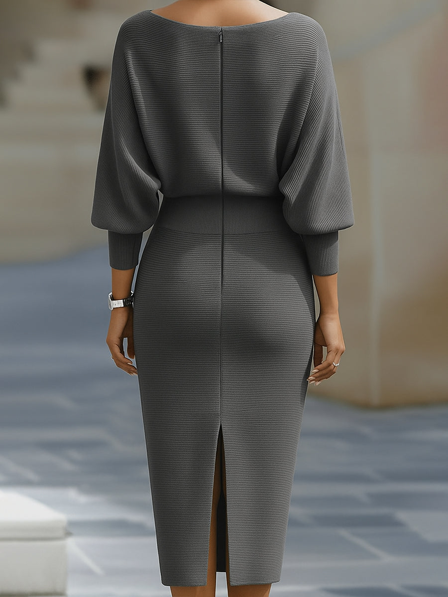Boat Neck Batwing Sleeve Midi Bodycon Dress