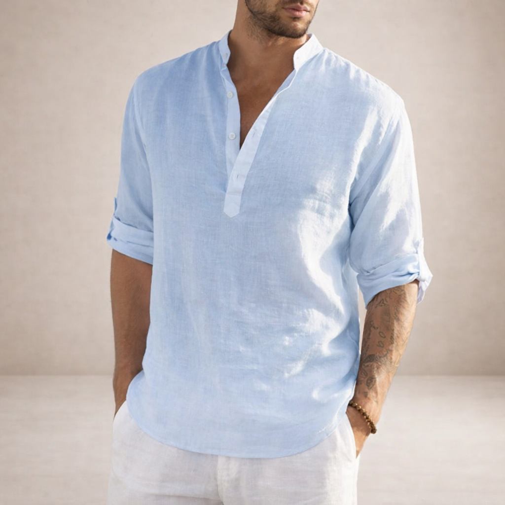 Men's Linen Shirt Regular Fit Breathable Stand-Up Collar Long Sleeves