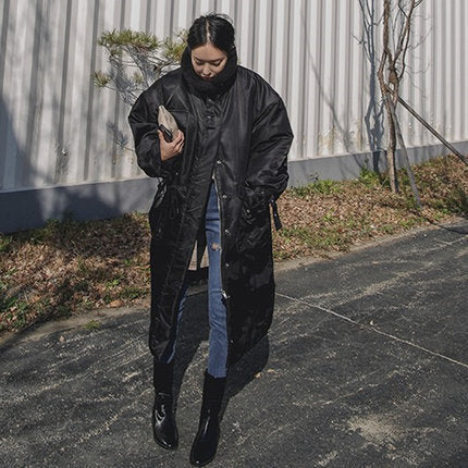 Padded Longline Coat High Stand Collar Quilted Seams