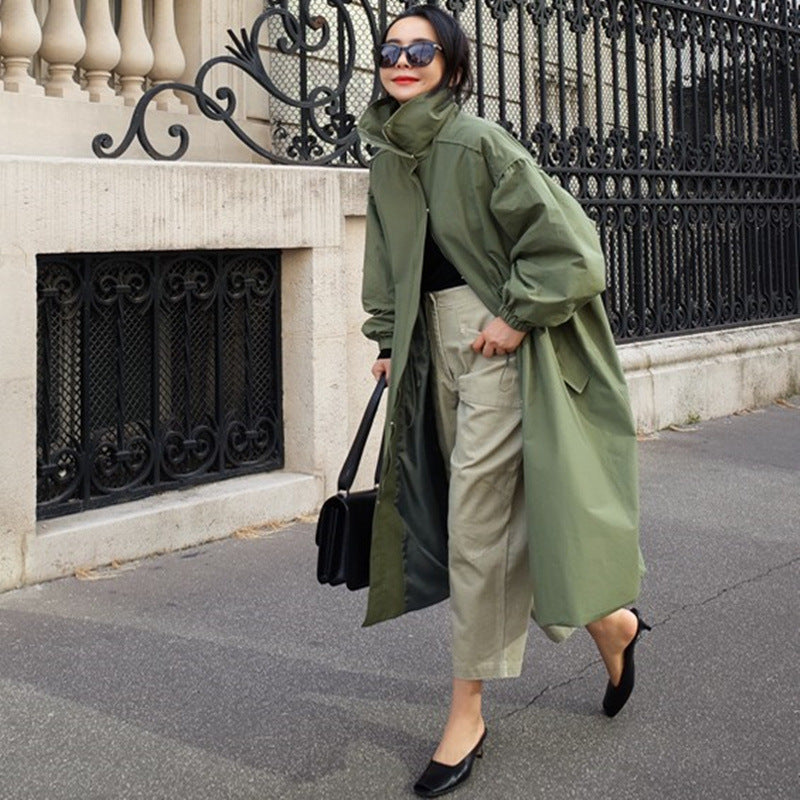 Oversized Coat Stand Collar Drawstring Balloon Sleeves