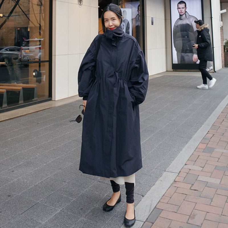 Oversized Coat Stand Collar Drawstring Balloon Sleeves