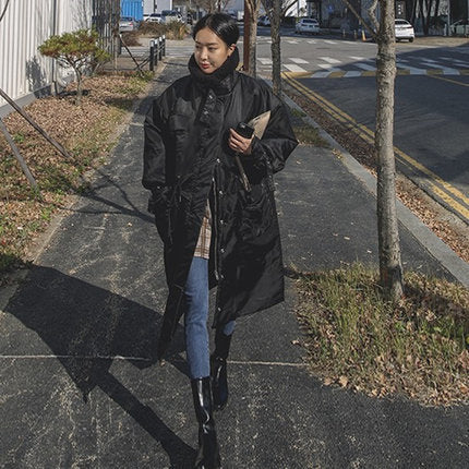 Padded Longline Coat High Stand Collar Quilted Seams