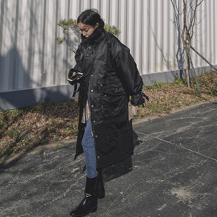 Padded Longline Coat High Stand Collar Quilted Seams