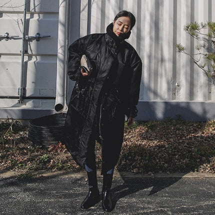 Padded Longline Coat High Stand Collar Quilted Seams