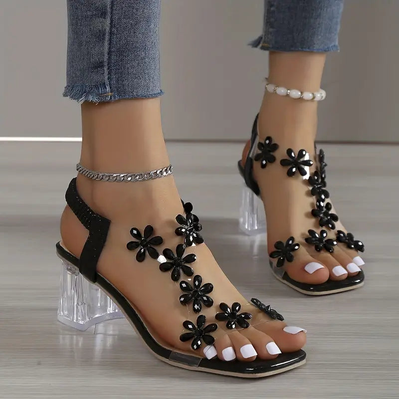 Rhinestone Block Heel Sandals Cushioned