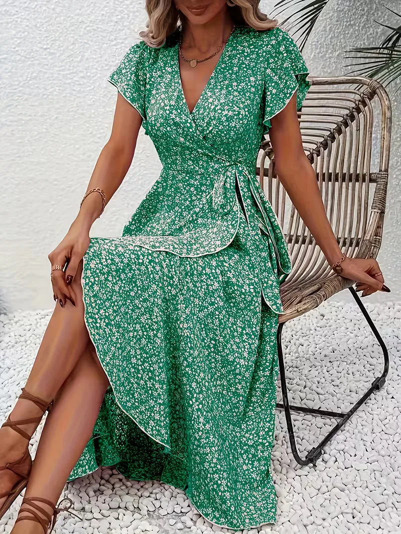 Floral Wrap Dress V Neck Short Sleeve Asymmetric