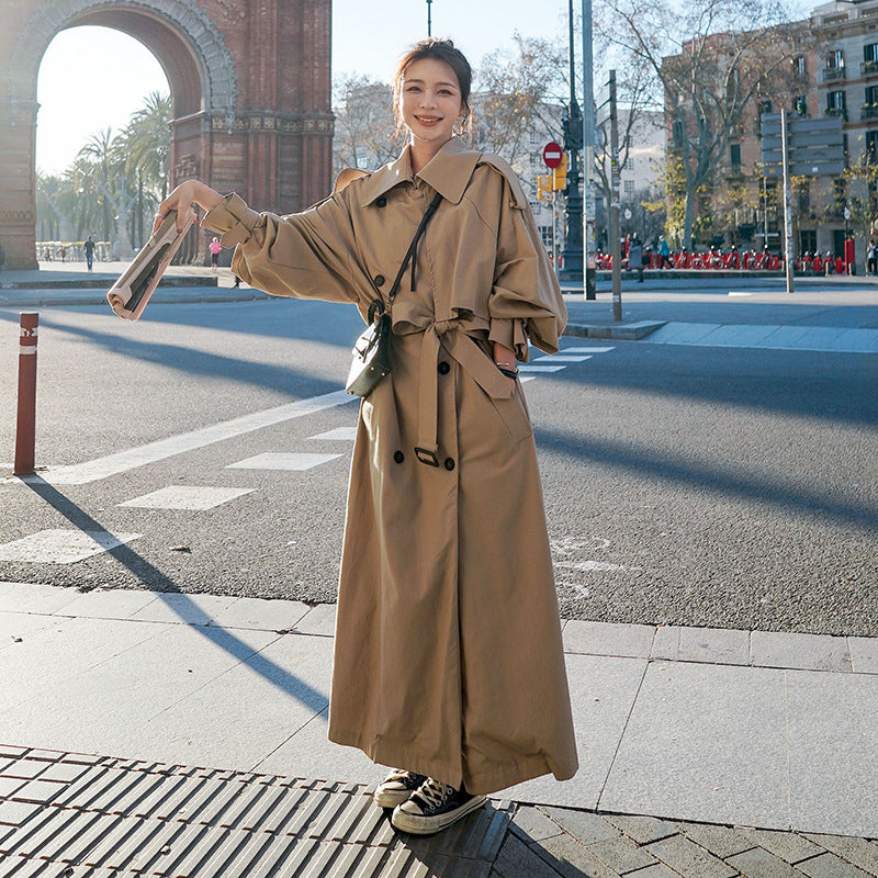 Oversized Trench Coat Balloon Sleeves Waist Belt Maxi