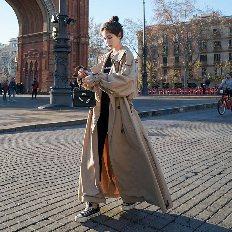 Oversized Trench Coat Balloon Sleeves Waist Belt Maxi