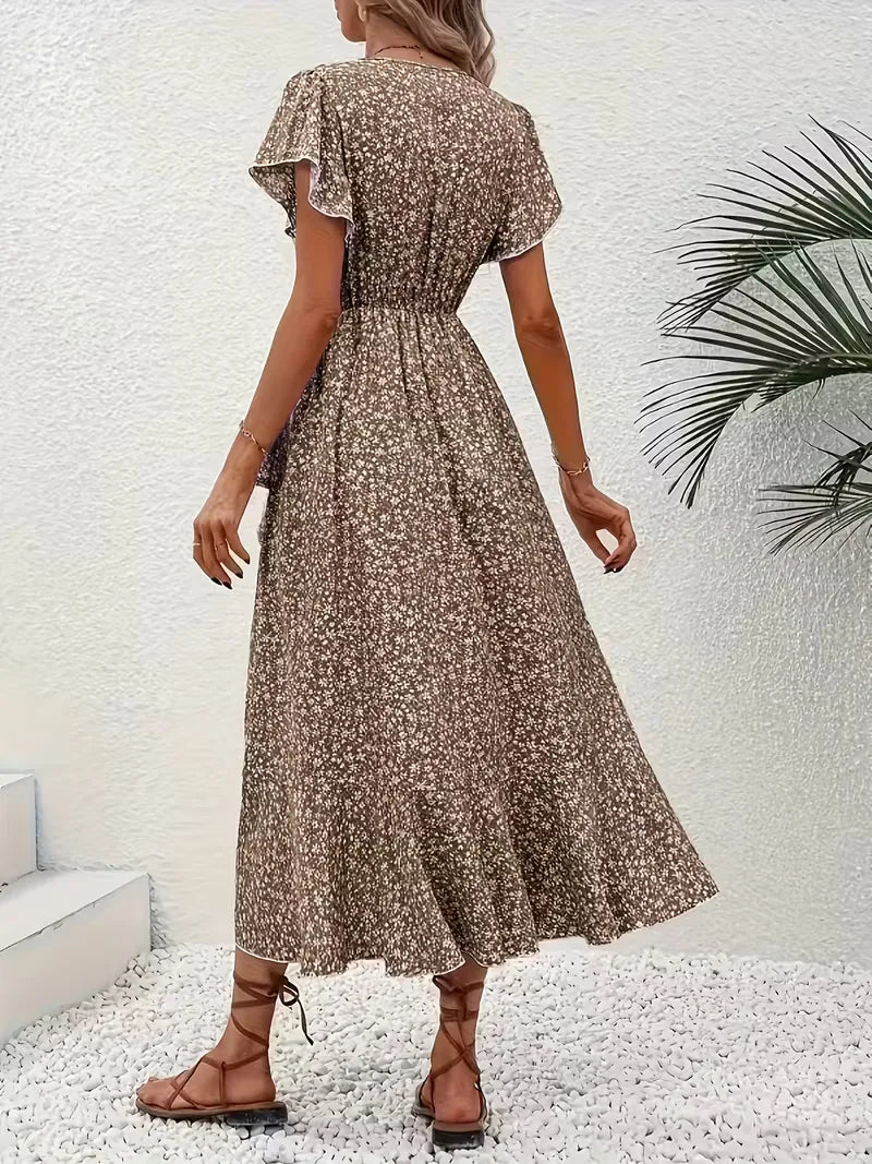 Floral Wrap Dress V Neck Short Sleeve Asymmetric