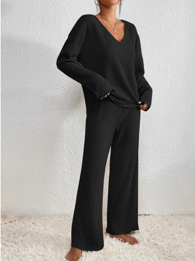 Knitted Two Piece Set V Neck Jumper Trousers Loungewear