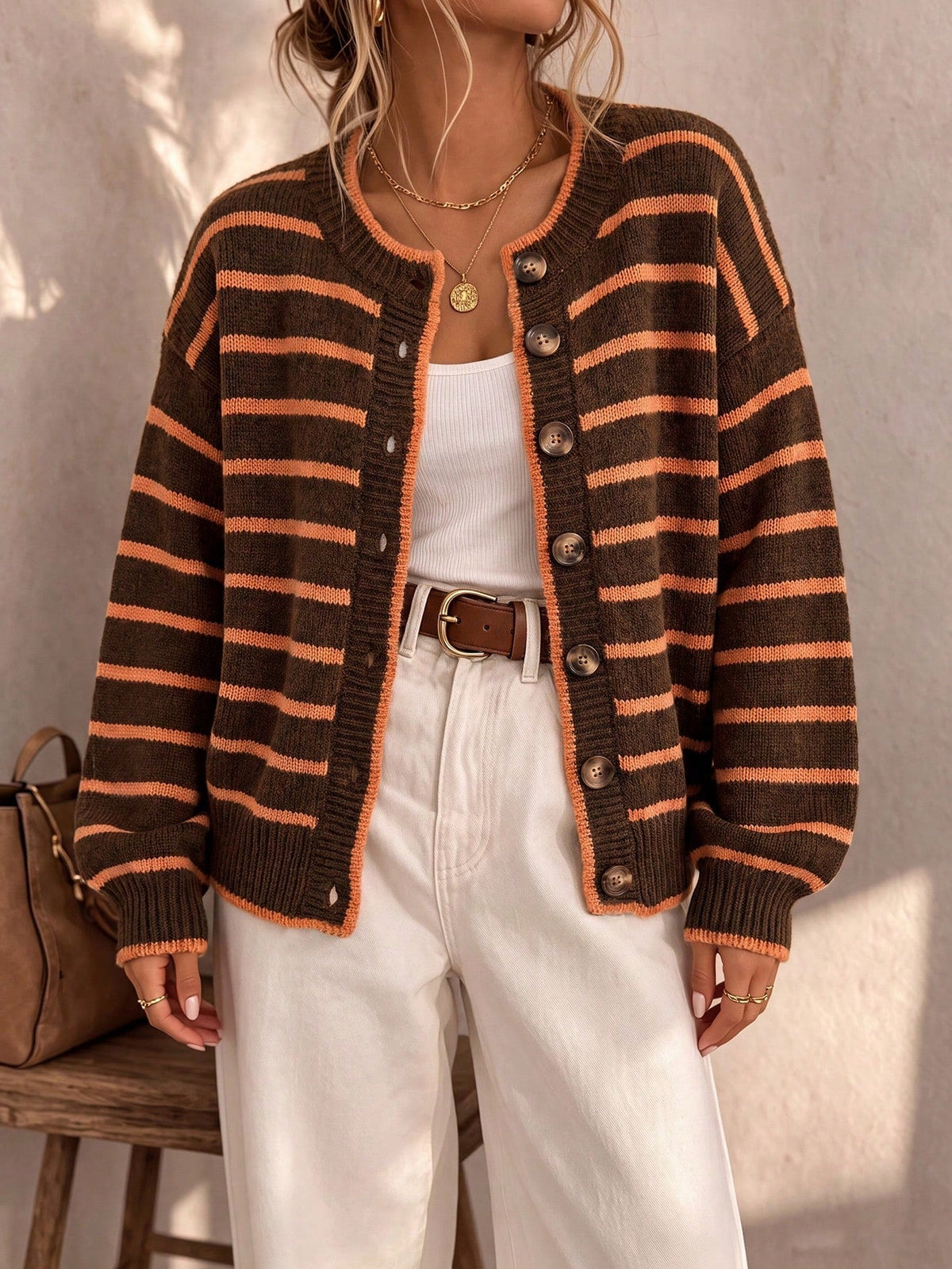 Bennett and Lowe Chelsea striped relaxed-fit knit cardigan for women, featuring a cozy knit fabric and casual style.