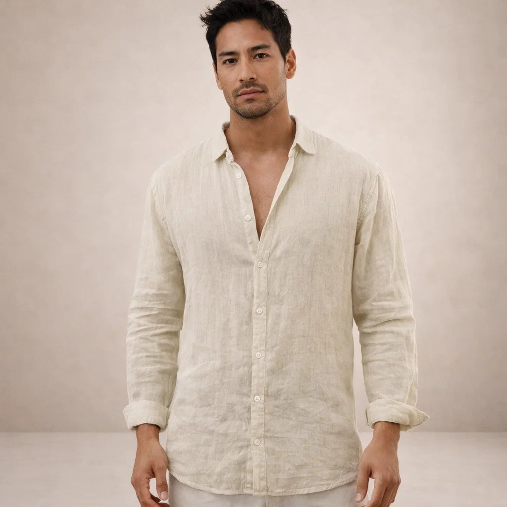 Men's Linen Shirt Regular Fit Airy Fabric Open Collar Long Sleeves