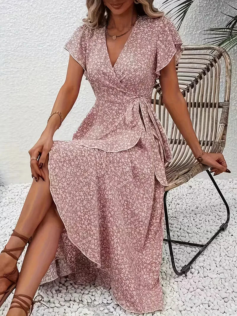 Floral Wrap Dress V Neck Short Sleeve Asymmetric
