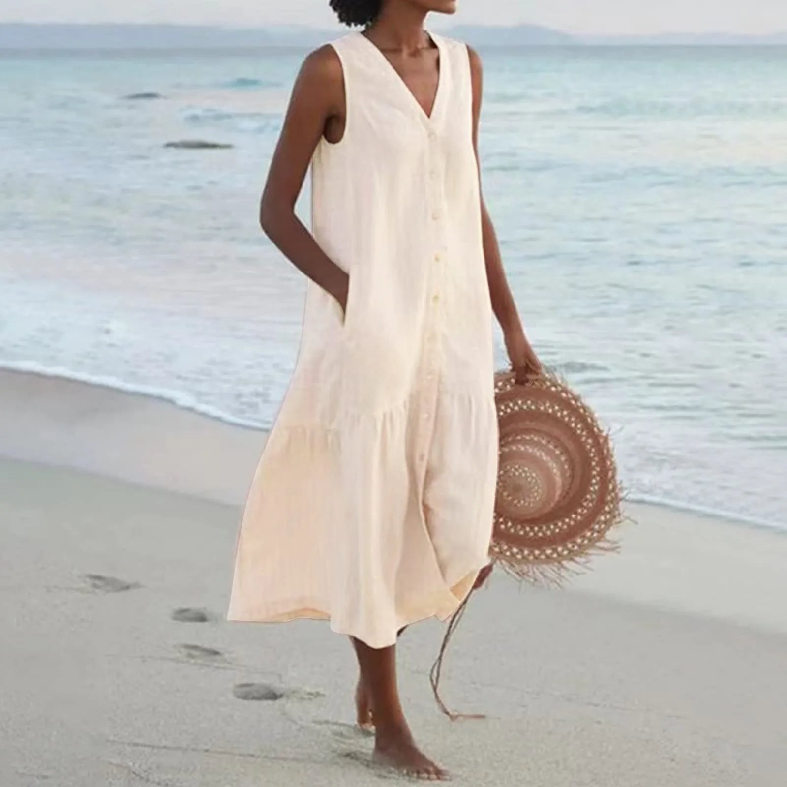Button-Front V-Neck Midi Dress Summer