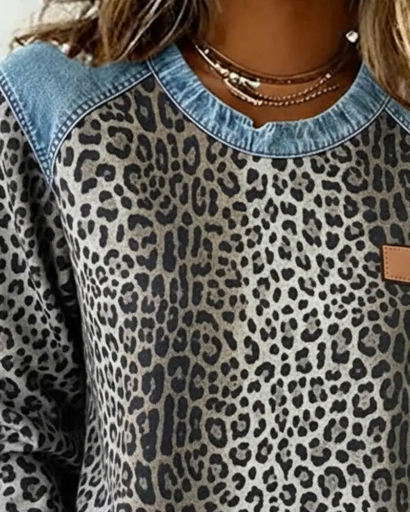 Women's Jumper Patchwork Leopard Print Denim Look Knit
