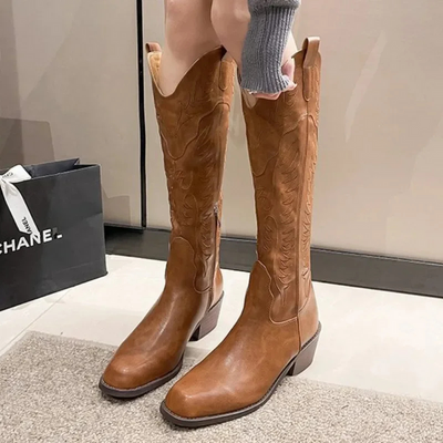 Knee High Western Cowboy Boots Block Heel Pointed Toe
