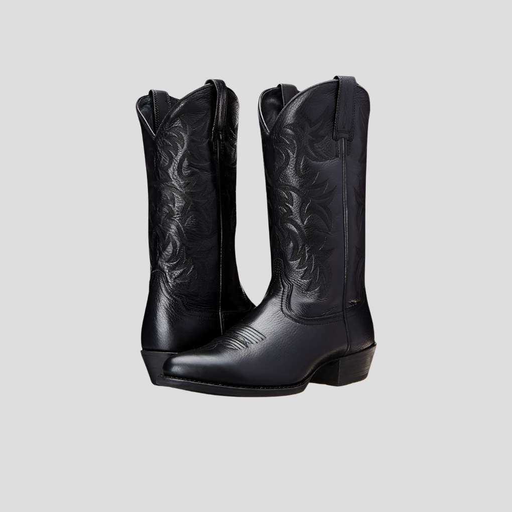 Western Cowboy Boots Block Heel Pointed Toe Leather