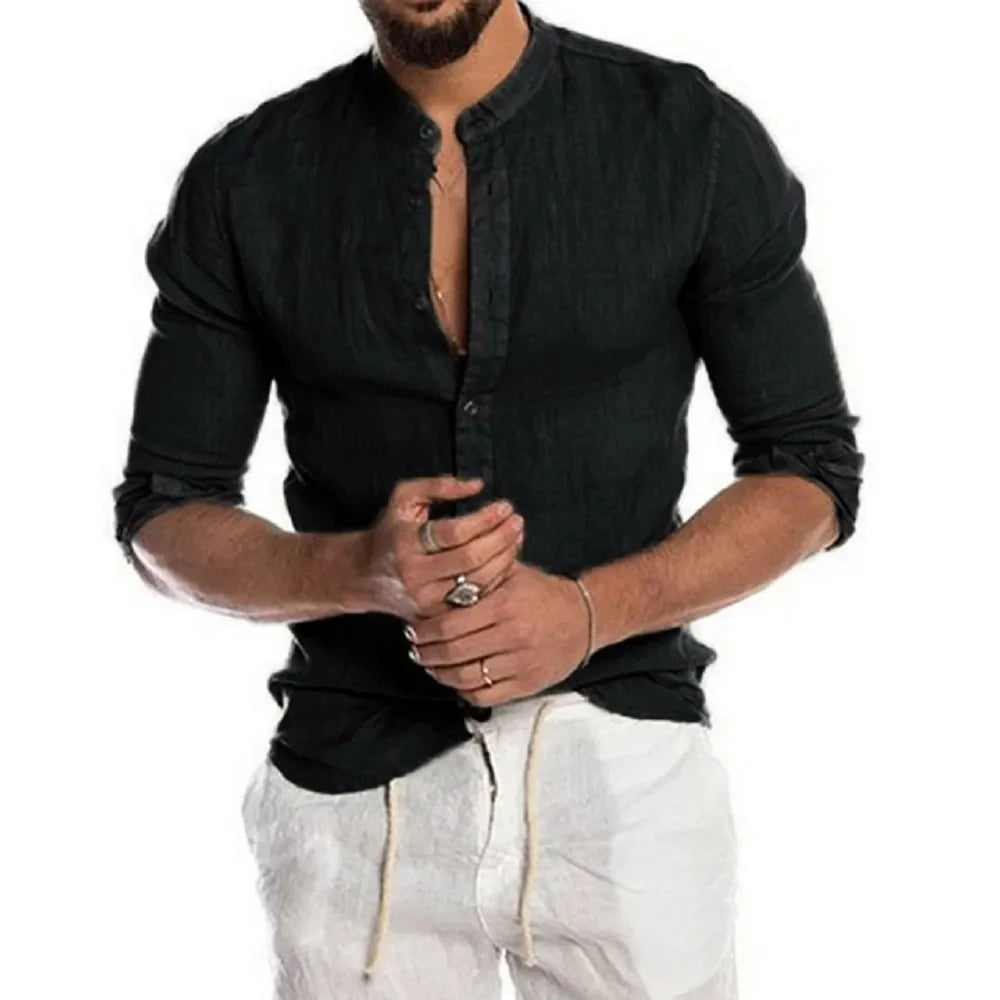 Grandad Collar Shirt Cotton Linen Summer