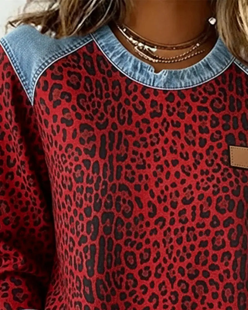 Women's Jumper Patchwork Leopard Print Denim Look Knit