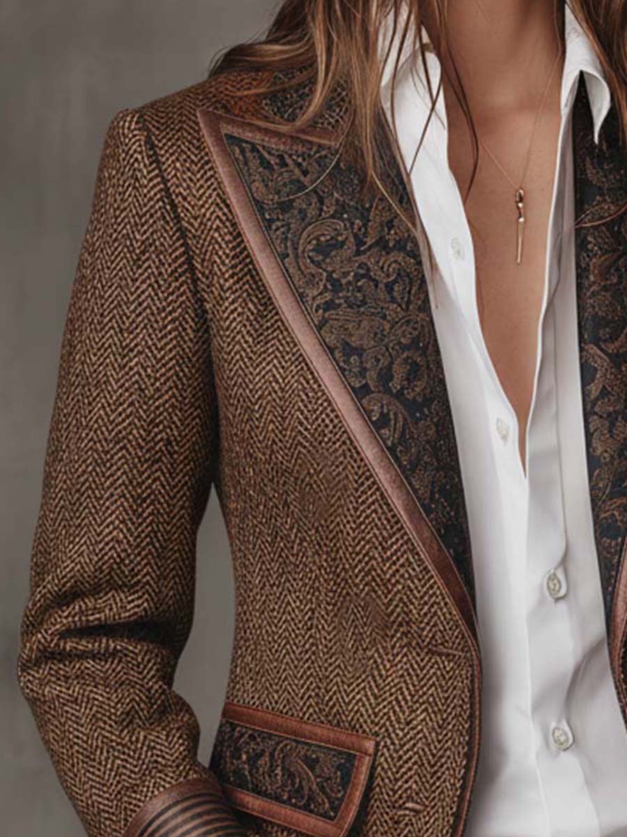 Elara herringbone print panel blazer for women by Bennett and Lowe, featuring tailored fit and classic herringbone pattern.
