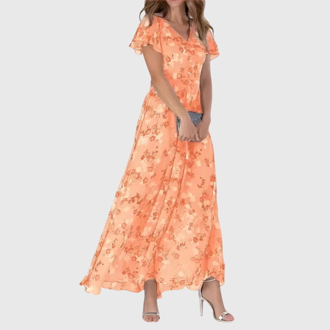 Floral V-Neck Maxi Dress Short Sleeve