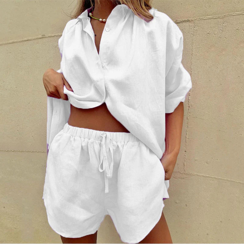 Linen Two Piece Set Blouse And Shorts Summer