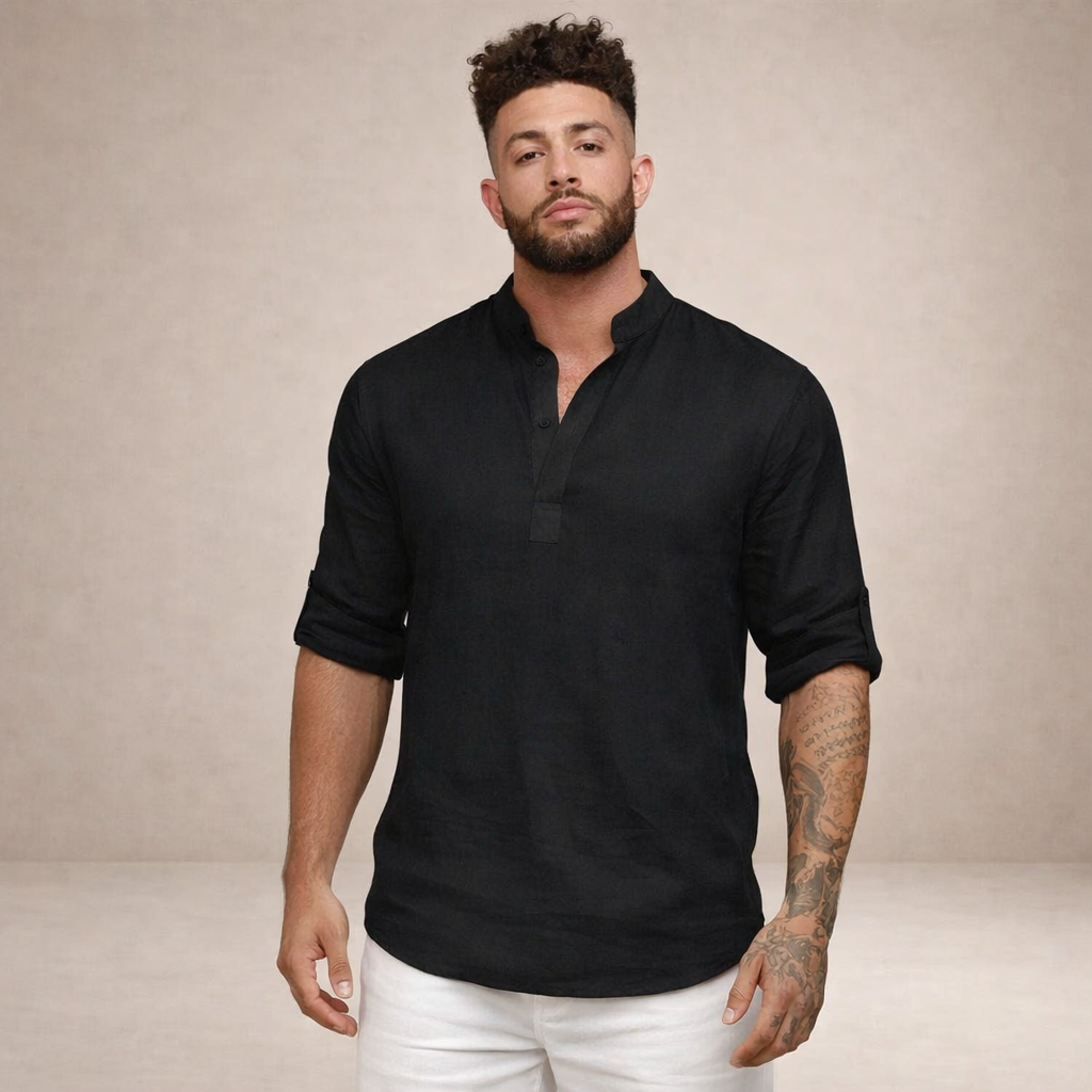 Men's Linen Shirt Regular Fit Breathable Stand-Up Collar Long Sleeves