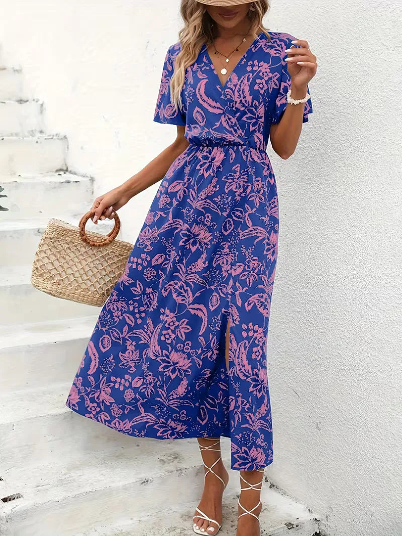 Floral Wrap Dress Midi V Neck Short Sleeve