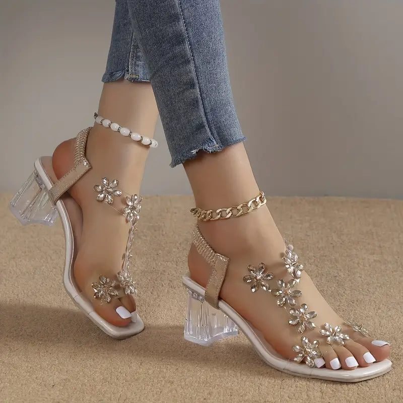 Rhinestone Block Heel Sandals Cushioned
